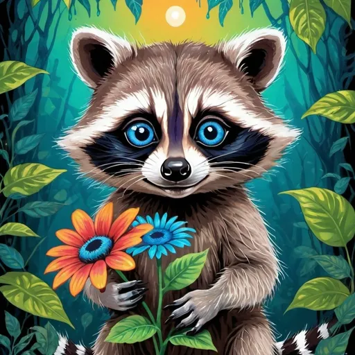 Prompt: psychedelic print baby racoon with big blue eyes, holding a flower jungle, melting, concert poster, trick of the eye painting