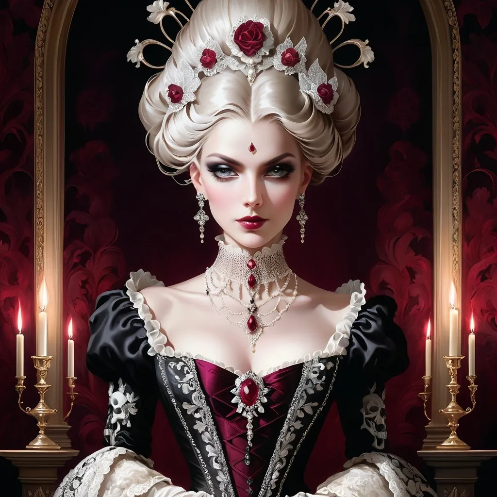 Prompt: Woman in elaborate goth rococo-inspired gown, standing regal, face framed by intricate lace, skull patterns, silver spike jewelry with pearls, intense sharp eyes peering through the shadows. baroque style oil painting on canvas, deep burgundy and black tones, candlelight flickers behind her, casting long dramatic shadows, opulent, moody atmosphere, 8k resolution, radiant, elegant, pretty"