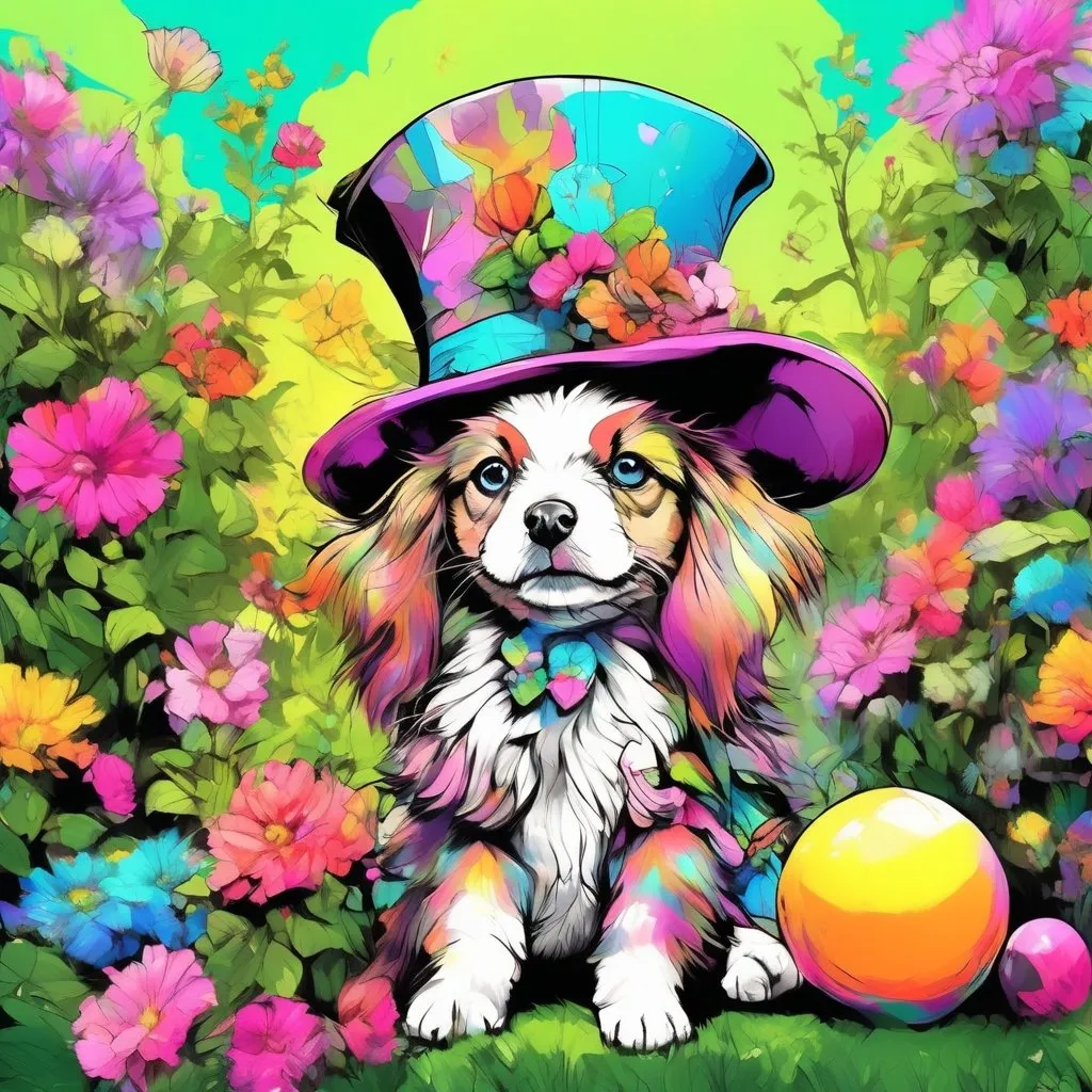 Prompt: Adorable long hair puppy in a mad hatter top hat, sitting in a flower garden with a colorful ball, detailed fur with soft reflections, expressive eyes, highres, cute, whimsical, garden setting, detailed flowers, professional lighting