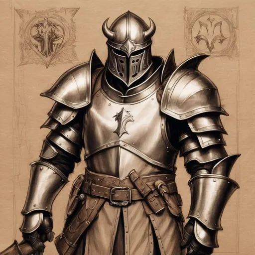 Prompt: sketch medieval chivalry, armor metal,axe,on light brown paper.world of warcraft art, pencil detail texture
