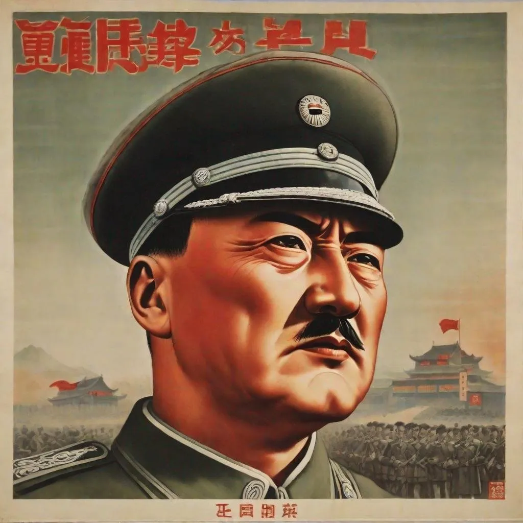 Prompt: Chinese propaganda poster from the cultural revolution, portrait of hitler