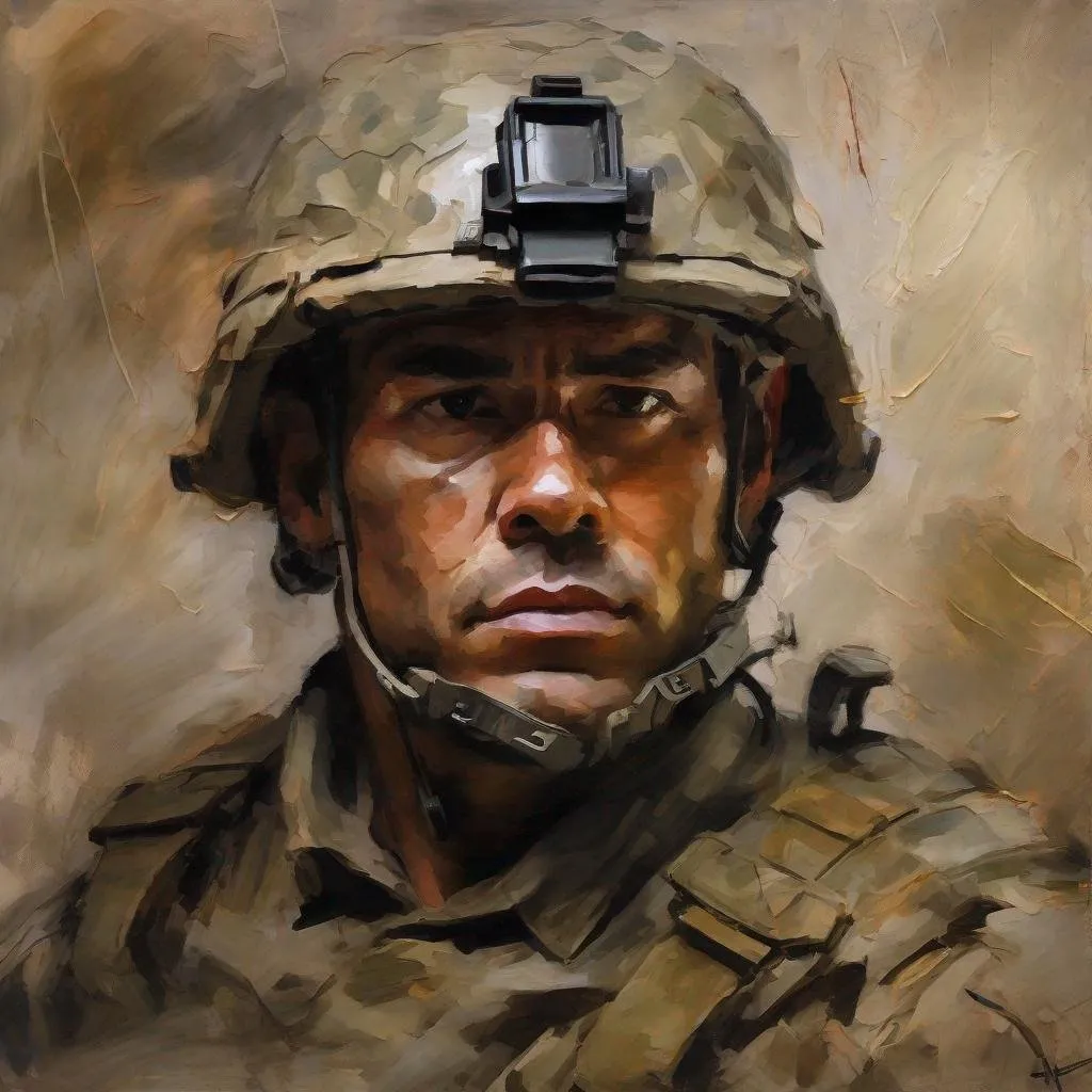 Prompt: oil paint head shoulders soldier Visible strokes,rough edges,muted colors.Warm lighting neutral backdrop