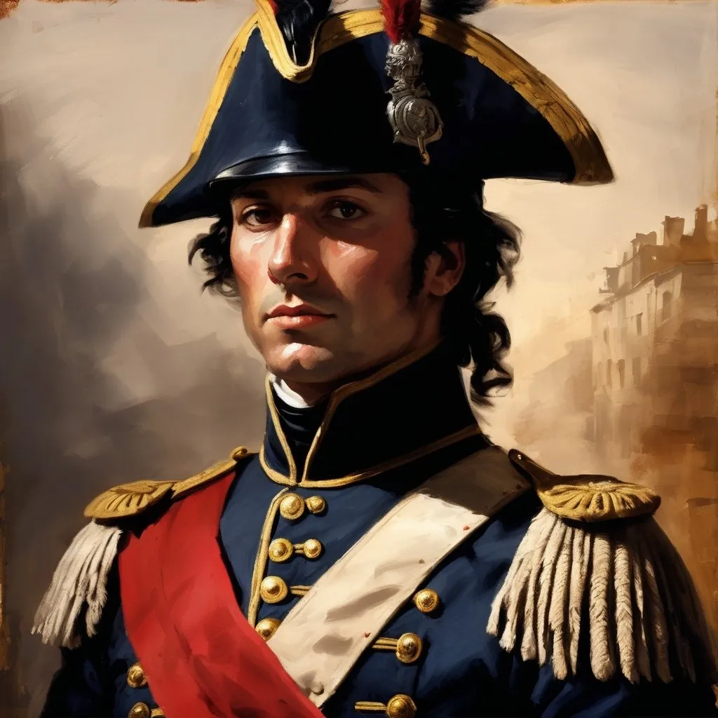 Prompt: oil paint head shoulders Napoleonic soldier Visible strokes,rough edges,muted colors.Warm lighting neutral backdrop