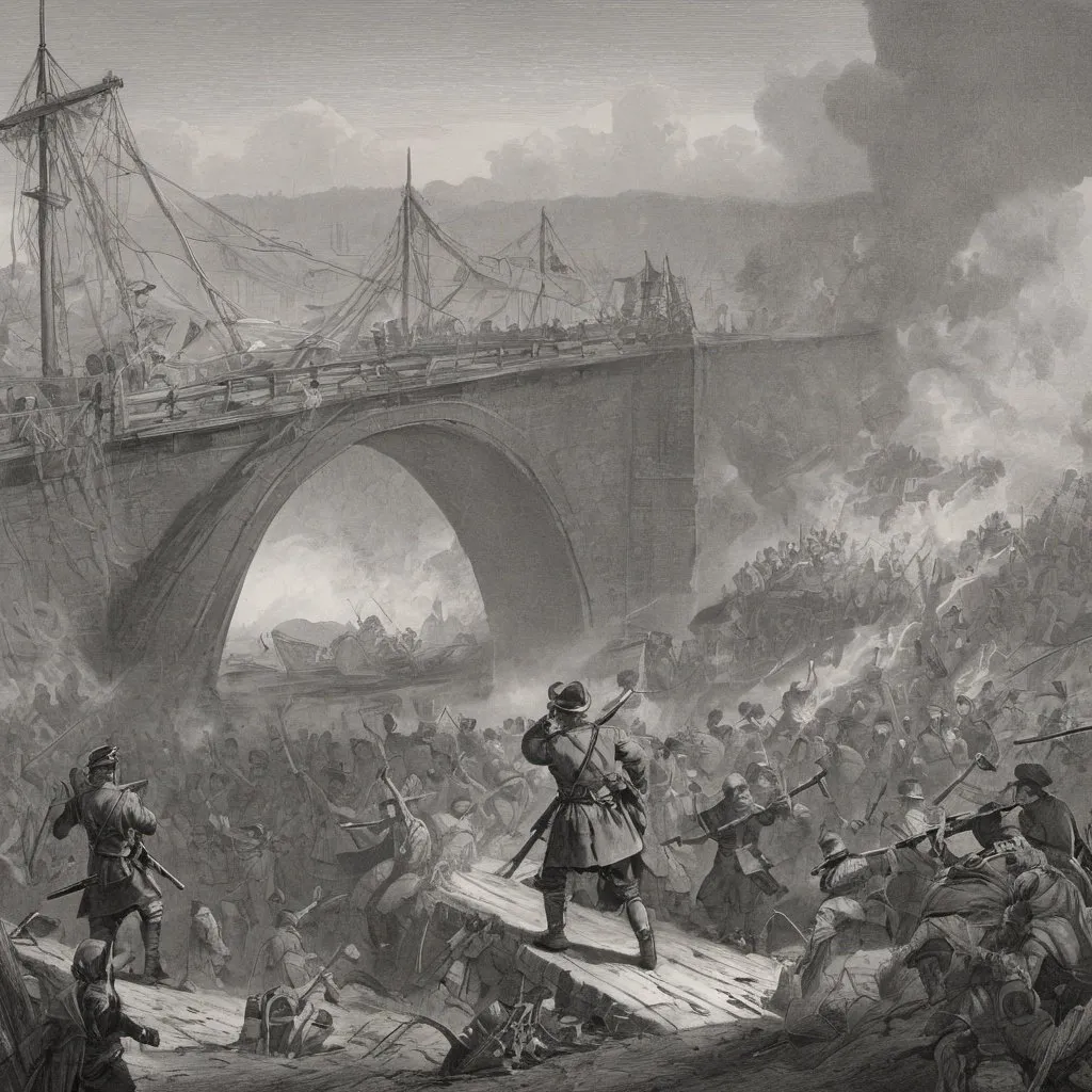 Prompt: a painting of a battle with a group of men in uniform and a bridge in the background with smoke, Emanuel Leutze, german romanticism, set in 1860, an illustration of