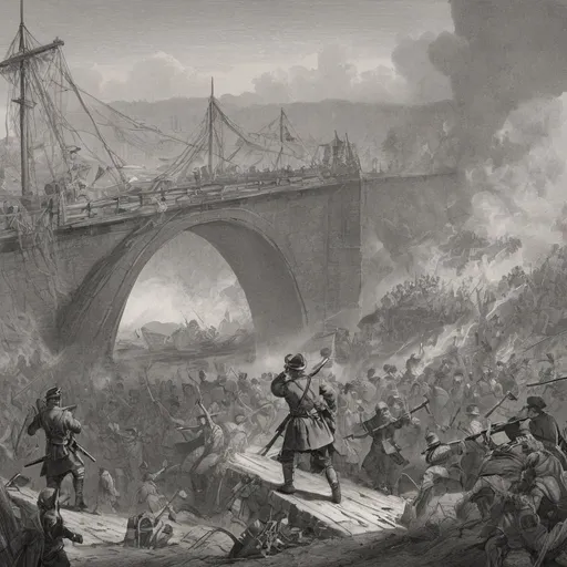 Prompt: a painting of a battle with a group of men in uniform and a bridge in the background with smoke, Emanuel Leutze, german romanticism, set in 1860, an illustration of