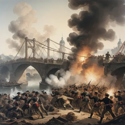 Prompt: a painting of a battle with a group of men in uniform and a bridge in the background with smoke, Emanuel Leutze, german romanticism, set in 1860, an illustration of