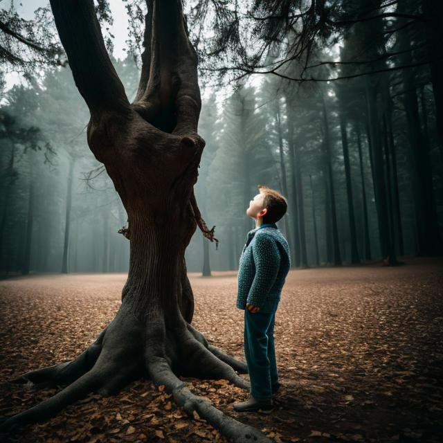 Prompt: A little boy talking with a big and old tree, cinema stile, 8k, sharp 1:3, canon EOS, high contrast, high definition detail and texture 
