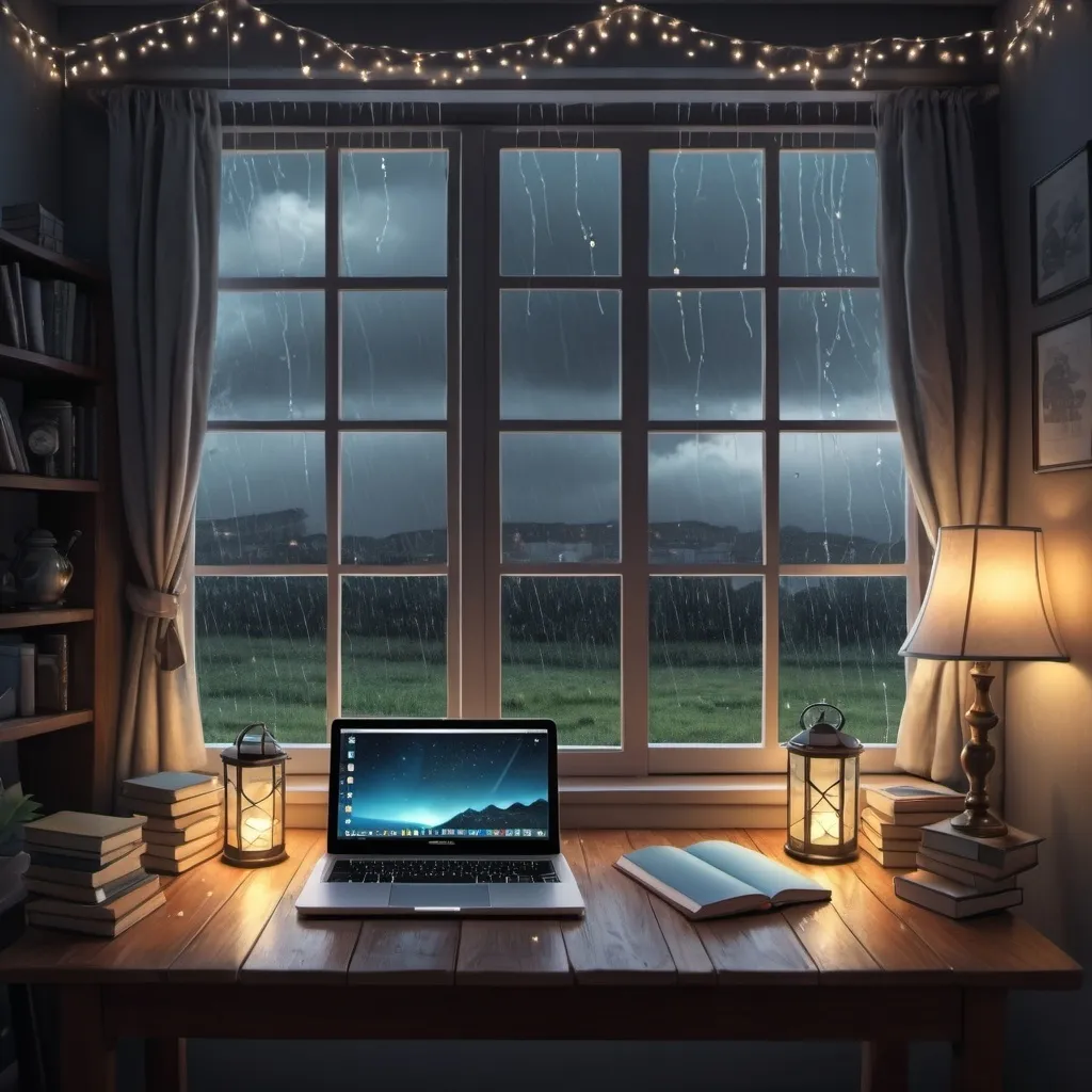 Prompt: Toon style picture of a View of a window from inside the room decorated with fairy lights and there is a table with laptop and some books and a bed beside the table and outside it’s raining and there are dark clouds