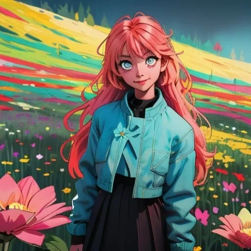 Prompt: In your picture, imagine yourself standing in a field of vibrant flowers, with a bright smile on your face. However, your eyes tell a different story, conveying a sense of sadness or longing. The contrast between the colorful surroundings and the emotion in your eyes creates a powerful image of inner conflict and complexity.