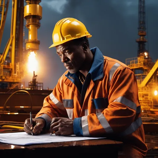 Prompt: (Male engineer), (muscular, african guy), mid 50s, doing a checksheet, at a working site doing work on an oil rig, night, heavy rain, surrounded by heavy machinery, dark and gold tones, photorealistic, dramatic lighting, sparks of fire, industrial atmospher, focus on strength and determination, background features an extensive network of pipes and equipment, ultra-detailed, 4K, cinematic contrasts.