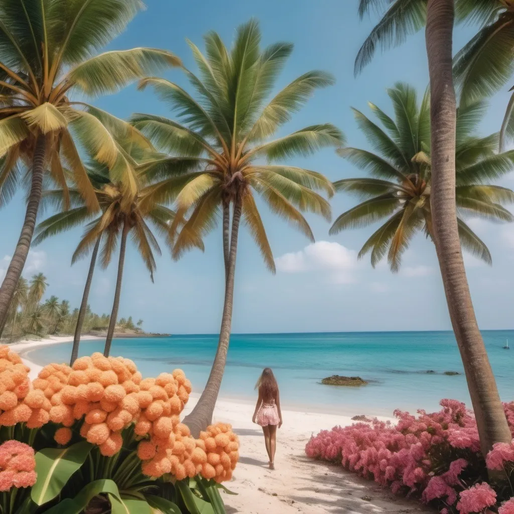 Prompt: A view of the most beautiful trees and banana and coconut palms with beautiful flowers from the island next to the beach and beautiful young girls