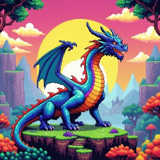 Prompt: (pixel art), (dragon), bright colors, playful atmosphere, structured pixelated design, bold outlines, featured in a fantasy landscape, whimsical background elements, engaging with magical objects, capturing a sense of adventure, charming style, emphasizes authenticity of retro gaming graphics, 8-bit aesthetics, high contrast to enhance depth and vibrancy.