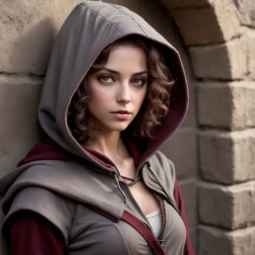 Prompt: Human female rogue,Short curly brown hair, Large brown eyes,Wheat-toned skin, Hooded outfit in grey and burgundy colors, Clothing designed for stealth and agility, Calm, emotionless expression with subtle curiosity, Leaning against a wall, stealthy pose, Medieval Fantasy
