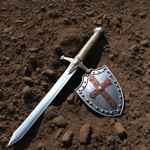 Prompt: a shield and a sword laying on dirt