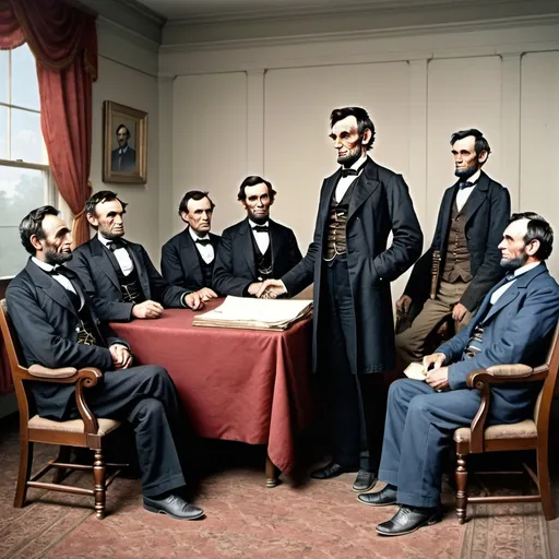 Prompt: Abraham Lincoln meets delegates from Virginia. Photographic color illustration, detailed.