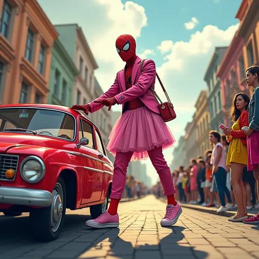 Prompt: Homem aranha do filme com uniforme rosa e saia de fluflu e bolsa chanel, ele esta atrás do carro empurrando um carro Santana vermelho que deu problema 
