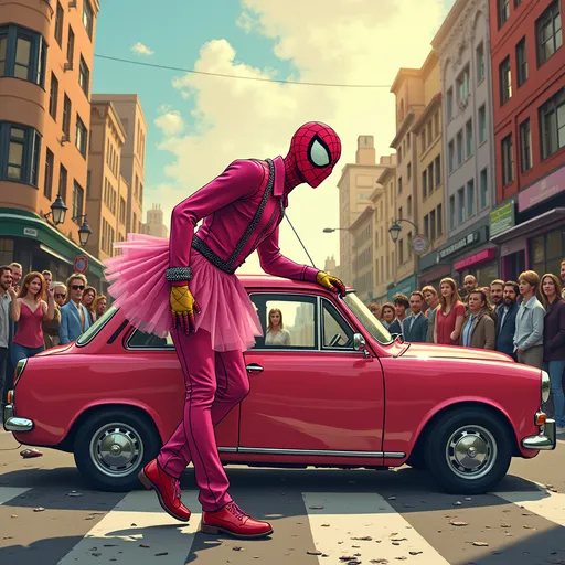 Prompt: Homem aranha do filme com uniforme rosa e saia de fluflu e bolsa chanel, ele esta atrás do carro empurrando um carro Santana vermelho que deu problema 
