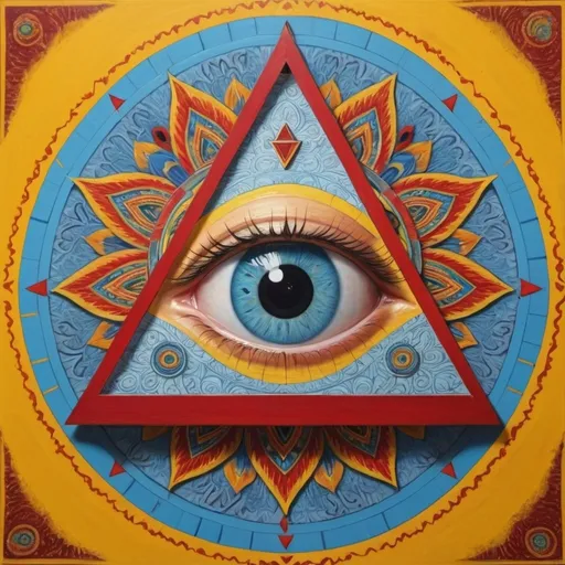 Prompt: A triangle shaped symbol, with an eye in the centre. Colours of yellow and light blue divided at the boundary of the eye. With mandala art in the boundaries of the triangle. and a red tear in the eye.
