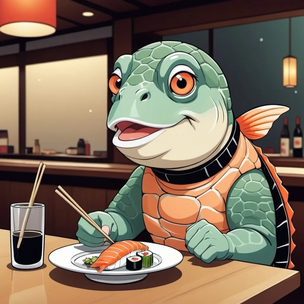 Prompt: a fish, in a sushi bar, eating sushi, in a turtle neck, cartoon style