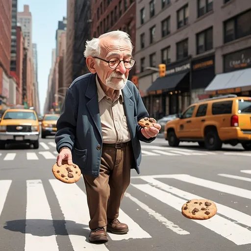 Prompt: old man walking, new york, eating cookie, cartoon style