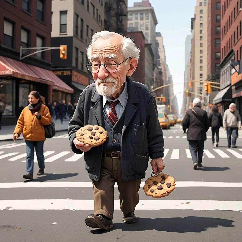 Prompt: old man walking, new york, eating cookie, cartoon style