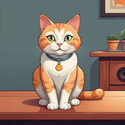 Prompt: cat sitting on table, cartoon style