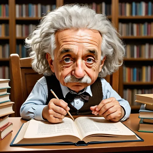 Prompt: albert Einstein, reading book, library, sitting at table, eating cookie, eyes focused on book, cartoon style