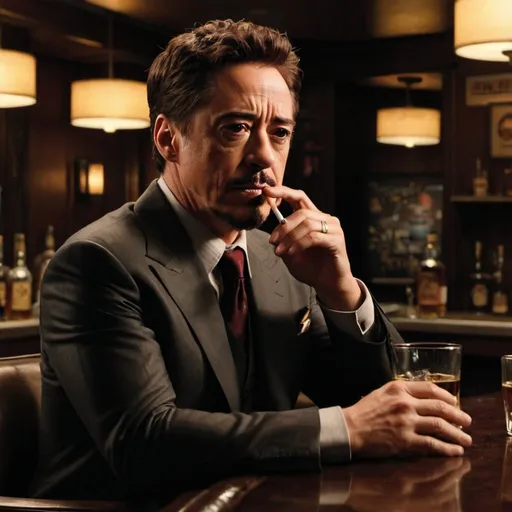 Prompt: tony stark sitting in a bar, a scotch in his hand, and cigarette in his mouth 