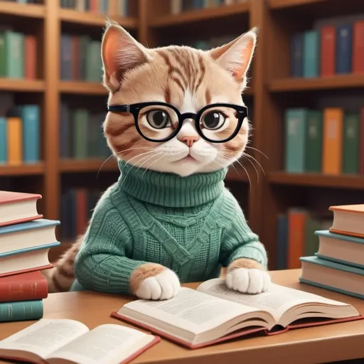 Prompt: cute cat, sitting at table, in turtle neck, with glasses, reading book, in library, cartoon style