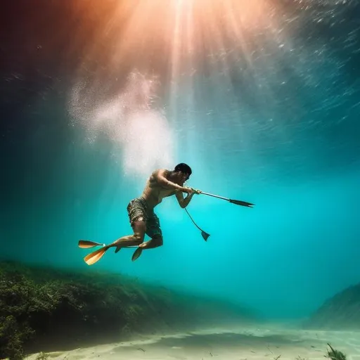 Prompt: an artistic image of filipino man spear fishing underwater