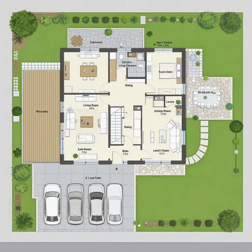 Prompt: 1. Planta Baja (Área Social - Total 96 m²)
​Frente de la casa (0m a 2m de profundidad)
​Jardín Frontal/Patio (8.0m x 2.0m): Espacio abierto al frente para paisajismo y acceso.
​Puerta de acceso peatonal principal (1.2m de ancho).
​Zona de Acceso y Sala de Estar (2m a 6m de profundidad)
​Recibidor (3.0m x 2.0m): Al entrar, un pequeño espacio que da paso a la Sala y contiene el acceso al Medio Baño.
​Sala de Estar (6.0m x 4.0m): El espacio más grande al frente.
​Ventanas amplias (p. ej., 4.0m de ancho) hacia el Jardín Frontal para maximizar la luz.
​Pared de acento (donde iría la textura de piedra de la fachada) cerca del acceso.
​Zona Central y Servicios (6m a 9m de profundidad)
​Comedor (4.0m x 3.5m): Ubicado centralmente, conectando la Sala y la Cocina.
​Escalera (2.5m x 1.8m): Ubicada al costado del Comedor. Sube hacia el fondo de la casa.
​Medio Baño Visitas (2.0m x 1.2m): Al lado de la escalera.
​Pared divisoria entre Sala/Comedor y Escalera/Baño.
​Zona de Cocina y Patio (9m a 12m de profundidad)
​Cocina (4.0m x 4.0m): Ocupa todo el ancho en el fondo.
​Espacio para una Isla Central.
​Ventana de servicio sobre el área de trabajo (p. ej., 2.0m de ancho).
​Patio Trasero (8.0m x 2.5m): En el fondo.
​Acceso desde la Cocina (puerta de cristal corrediza de 2.0m de ancho).
​Lavadero (p. ej., 1.5m x 1.5m) ubicado en un rincón del patio.
