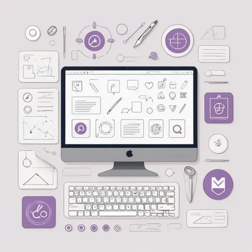 Prompt: background: A neutral and modern background in white colors that symbolize professionalism and cleanliness.

Key elements: 
A drawing board or computer screen showing a sketch of a website.
User interface elements such as buttons, forms, etc.,
Icons of popular tools and technologies:
HTML
CSS
JavaScript
Figma
React
These symbols can appear as icons or logos around the illustration, and integrate into the overall design.
More details: Adding small elements that reflect the uniqueness of each business, such as symbols of different fields (medicine, education, commerce, etc.).
Colors:

Use of purple and pink colors to emphasize important elements and add a dynamic and modern touch to the illustration.