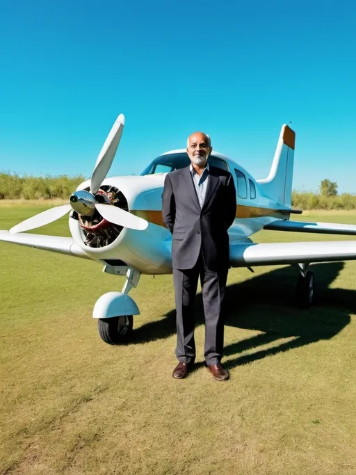 Prompt: a man standing in front of a small airplane on a field of grass with a propeller on the wing, Ahmed Yacoubi, cloisonnism, tone mapping, a stock photo