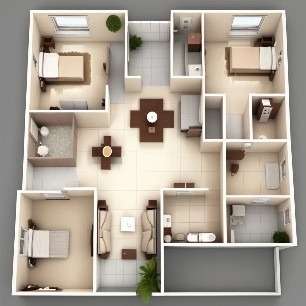 Prompt: House floor with 4 bedrooms, 2 bathtoom, kitcen, living and dressroom