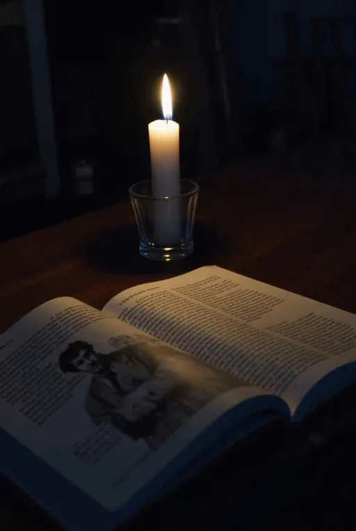 Prompt: Amidst the deep shadows of a dimly lit room, a flickering candle casts a warm, golden glow that dances across the open pages of a book resting on a wooden table. The wax candle, elegantly slender, occupies a glass holder, its flame creating soft, wavering light that illuminates a few lines of text while leaving much of the surrounding space in obscurity. The book's pages are slightly curved, suggesting a moment of recent reading, with an image of the philosopher Schopenhauer prominently displayed on the page. The overall atmosphere is intimate and contemplative, evoking a sense of quiet solitude and reflection, perfect for a peaceful evening of storytelling or study.