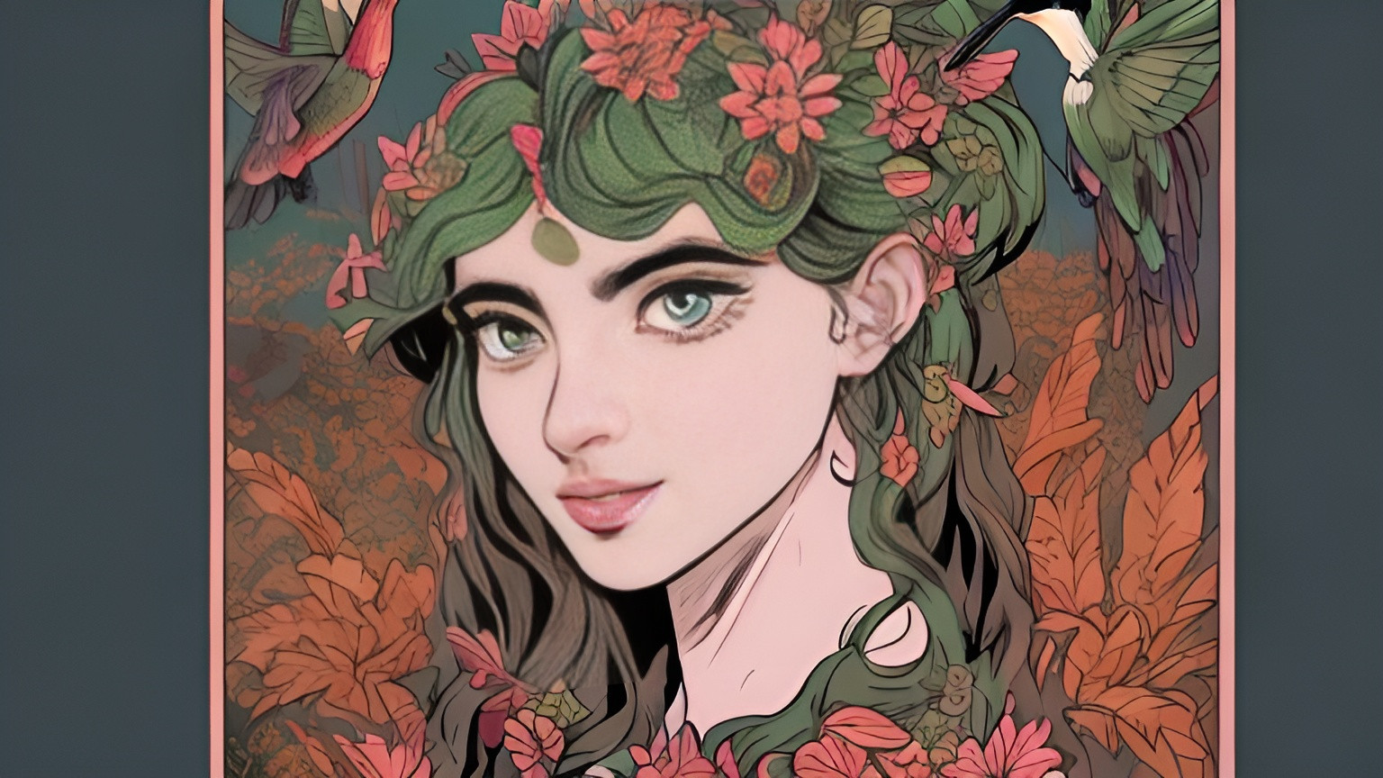 Prompt: Attractive young goddess of the earth. Hummingbirds surround her as she stares at me. Green and earth ones in a graphic novel format and style. 