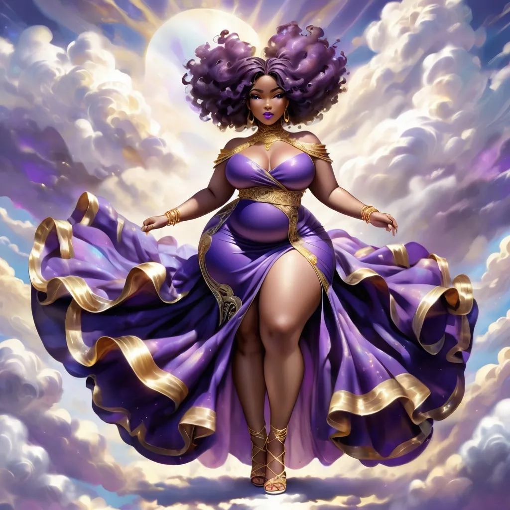 Prompt: a High Society, Beautiful, iridescent, fluid, Deep colors of purple and gold, 8k hyper-detailed, highly intricate of a curvy plus size chibi Afrocentric woman, whose dress is intertwining with clouds, and wind, as it extends from the clouds, transforming it's wind into a dress that covers her figure, while she begins to walk, wearing florescent purple gladiator heels avant-garde, 5th dimensional