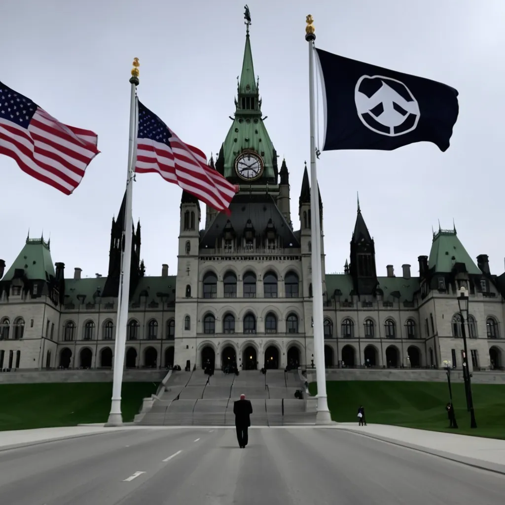 Prompt: American Flags flying over Parliament Hill as Trump enters Ottawa like Hitler entering Paris