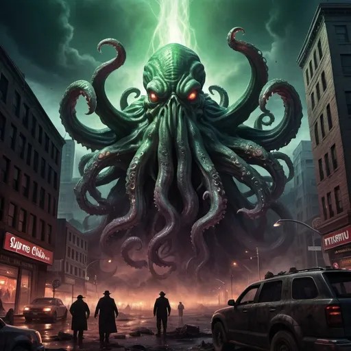 Prompt: Supreme Cthulhu destroying the city, chaotic destruction, eldritch horror, dark and foreboding, apocalyptic scene, high quality, detailed illustration, Lovecraftian, cosmic horror, massive tentacles, ancient deity, eerie atmosphere, cosmic devastation, ominous lighting, haunting shadows, otherworldly colors, monumental scale, surreal landscape, digital painting, menacing presence