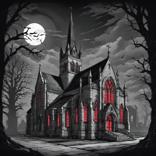 Prompt: Cartoon illustration of a spooky church at night, large stained glass window with glowing red gargoyle, eerie lighting, empty pews, detailed architecture, high quality, cartoon style, spooky atmosphere, dark and moody, glowing gargoyle, creepy church, atmospheric lighting, gothic architecture, night scene, detailed shadows, professional, haunted