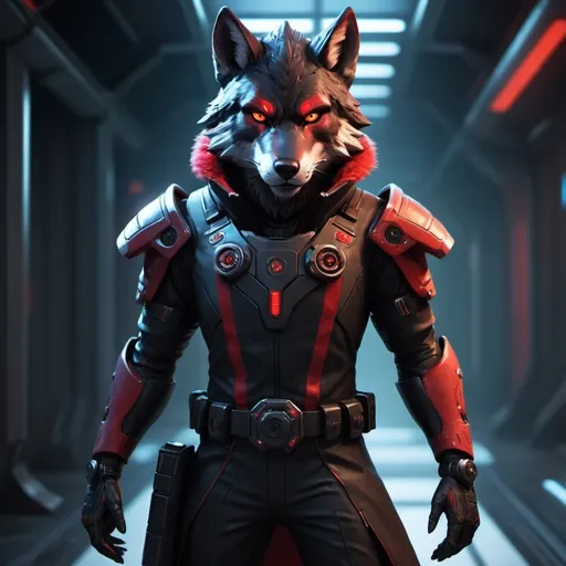 Prompt: Black and red, anthropomorphic vulpera in a futuristic sci-fi agent outfit, detailed dark fur with red highlights, full body, photorealistic, UHD quality, game-rpg style, cool-looking wolf, sci-fi, detailed eyes, high-tech outfit, intense and focused gaze, futuristic setting, atmospheric lighting, detailed cybernetic enhancements, dynamic pose, game-ready, fantasy