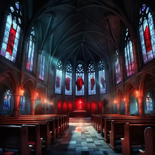 Prompt: Cartoon illustration of a spooky church at night, large stained glass window with glowing red gargoyle, eerie lighting, empty pews, detailed architecture, high quality, cartoon style, spooky atmosphere, dark and moody, glowing gargoyle, creepy church, atmospheric lighting, gothic architecture, night scene, detailed shadows, professional, haunted