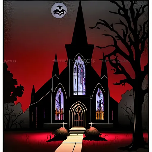 Prompt: A cartoon illustration of a spooky church at night. The church has a large stained glass window depicting a gargoyle. The gargoyle in the window is glowing red and casting an eerie light on the empty pews.

