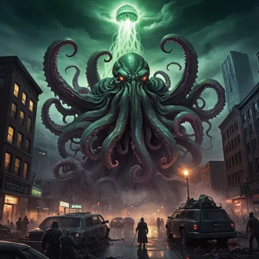 Prompt: Supreme Cthulhu destroying the city, chaotic destruction, eldritch horror, dark and foreboding, apocalyptic scene, high quality, detailed illustration, Lovecraftian, cosmic horror, massive tentacles, ancient deity, eerie atmosphere, cosmic devastation, ominous lighting, haunting shadows, otherworldly colors, monumental scale, surreal landscape, digital painting, menacing presence