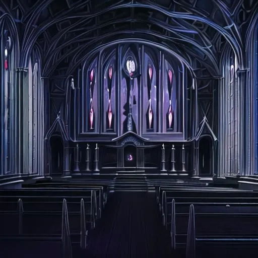 Prompt: Cartoon illustration of a spooky church at night, large stained glass window with glowing red gargoyle, eerie lighting, empty pews, detailed architecture, high quality, cartoon style, spooky atmosphere, dark and moody, glowing gargoyle, creepy church, atmospheric lighting, gothic architecture, night scene, detailed shadows, professional, haunted