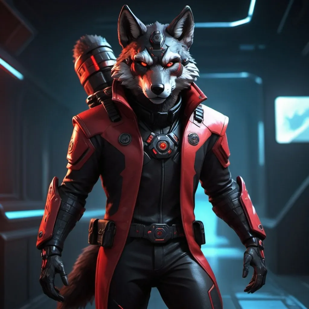 Prompt: Black and red, anthropomorphic vulpera in a futuristic sci-fi agent outfit, detailed dark fur with red highlights, full body, photorealistic, UHD quality, game-rpg style, cool-looking wolf, sci-fi, detailed eyes, high-tech outfit, intense and focused gaze, futuristic setting, atmospheric lighting, detailed cybernetic enhancements, dynamic pose, game-ready, fantasy