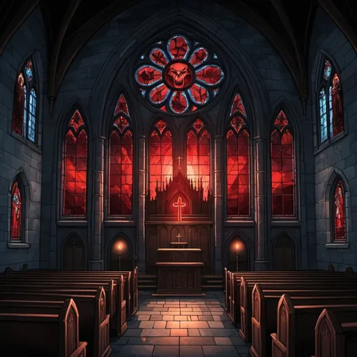 Prompt: Cartoon illustration of a spooky church at night, large stained glass window with glowing red gargoyle, eerie lighting, empty pews, detailed architecture, high quality, cartoon style, spooky atmosphere, dark and moody, glowing gargoyle, creepy church, atmospheric lighting, gothic architecture, night scene, detailed shadows, professional, haunted