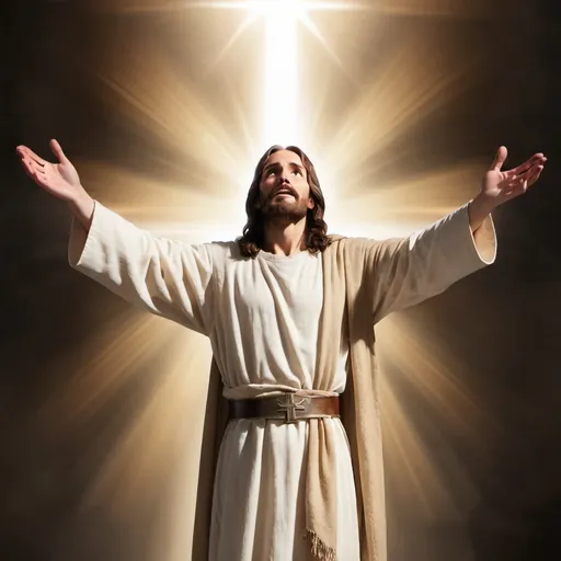 Prompt: Jesus Christ standing with arms open, surrounded by a radiant light. A cross subtly visible in the background.