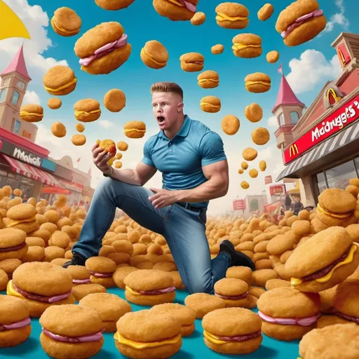 Prompt: (captivating image of Christian McCaffrey ruling over an army of McDonald's McNuggets), dynamic composition, vivid colors, playful atmosphere, whimsical background featuring a fast-food landscape, epic scale, high detail showcasing McNuggets with heroic expressions, energetic poses, cinematic lighting creating a cheerful vibe, 500 kB or less, ultra-detailed fantasy scene with elements of humor and creative exaggeration.