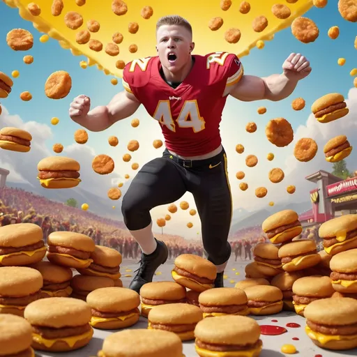 Prompt: (captivating image of Christian McCaffrey ruling over an army of McDonald's McNuggets), dynamic composition, vivid colors, playful atmosphere, whimsical background featuring a fast-food landscape, epic scale, high detail showcasing McNuggets with heroic expressions, energetic poses, cinematic lighting creating a cheerful vibe, 4K resolution, ultra-detailed fantasy scene with elements of humor and creative exaggeration.